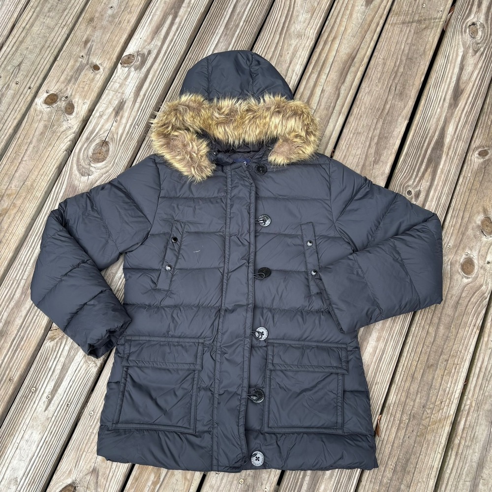 Lands End Black Down Puffer Coat Faux Fur Trim Hood Toggle Button Winter Jacket